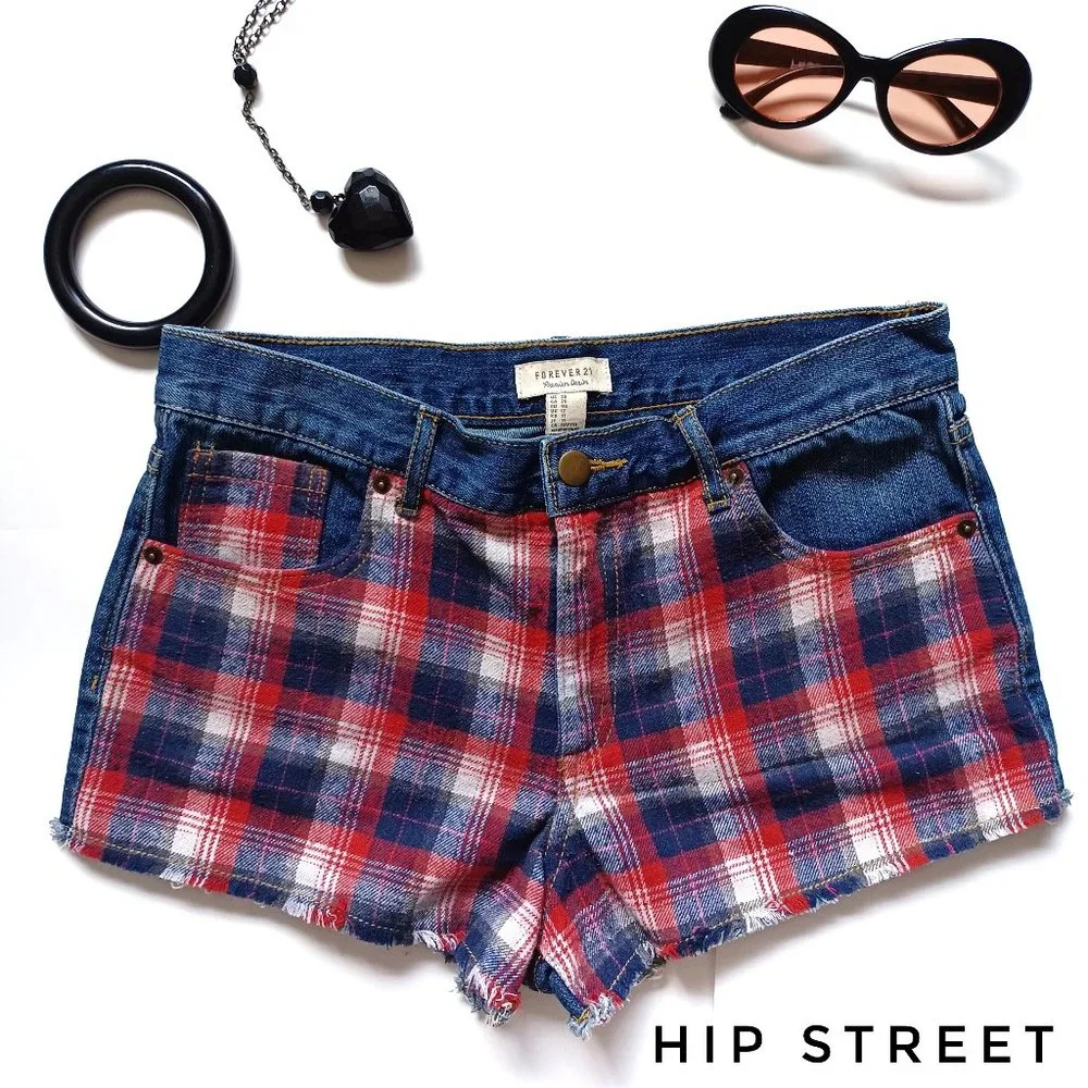 FOREVER 21 Red Plaid Flannel & Denim Mid Rise Jean Shorts 28